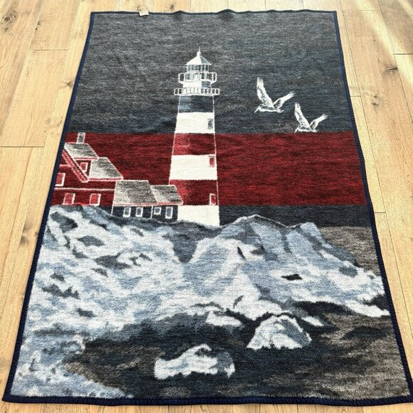 Vintage Biederlack Blanket Lighthouse Acrylic 73"x51" Made in USA - Picture 2 of 3